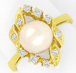 Foto 1 - Gelbgold-Ring mit Akoya Zuchtperle Diamanten-Brillanten, S4338